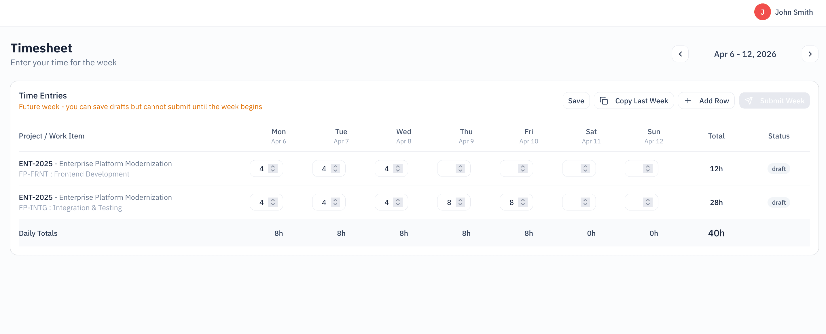 Weekly timesheet interface with daily hour entry grid, project assignments, and submit for approval button